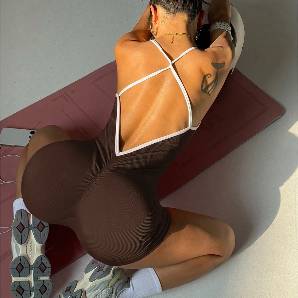 Sexy Cross Back Strappy Jumpsuits One Piece Yoga Suit Women's Tummy Control Bodysuit Padded Activewear Fitness Bodysuit - Image 3