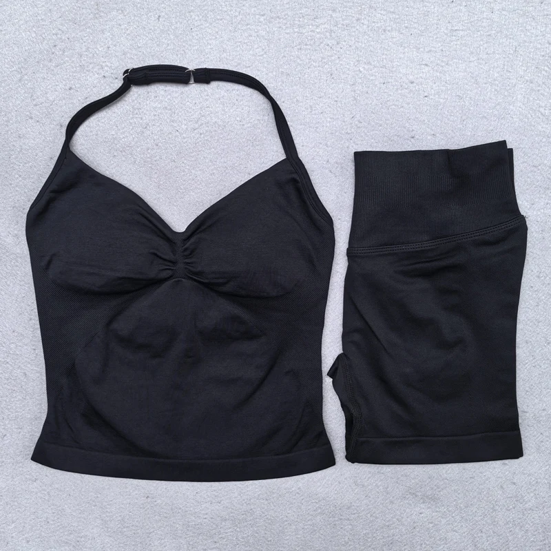 2 Pieces Seamless Yoga Set Workout Clothes Shorts Sets Adjustable Longline Strappy Top Scrunch Shorts Yoga Clothing Gym Set - Image 2