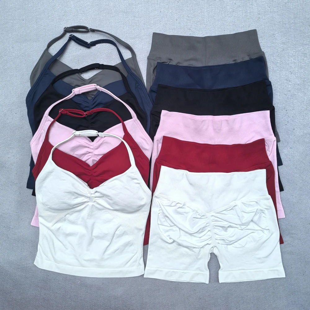 2 Pieces Seamless Yoga Set Workout Clothes Shorts Sets Adjustable Longline Strappy Top Scrunch Shorts Yoga Clothing Gym Set