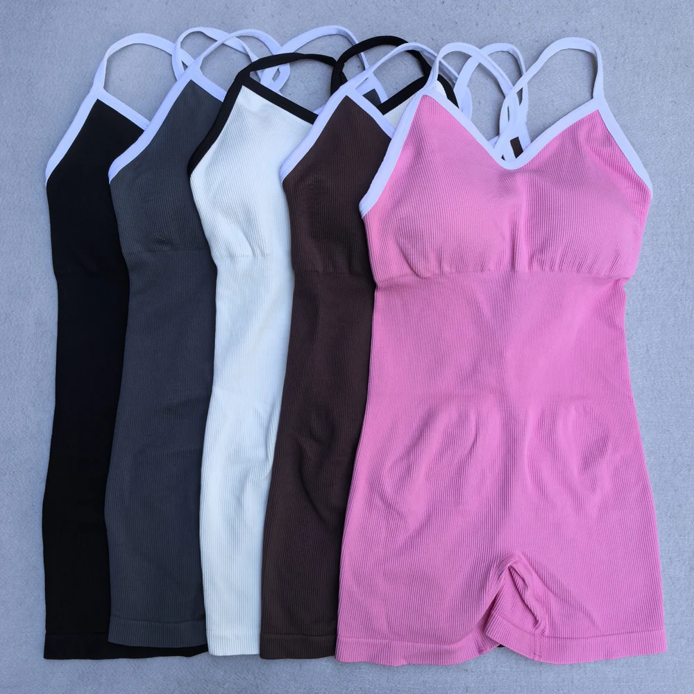 Summer Seamless Yoga Jumpsuit Women Gym Set Spaghetti Strap Leisure Workout Gym Shorts Padded Bra One-piece Fitness Bodysuits
