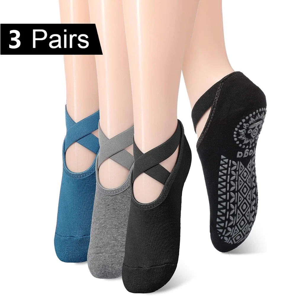 3 Pairs Bandage Yoga Socks for Women Pilates Ballet Dance Cotton Socks Non-Slip Sport Sock Gym Workout Slipper Running Grip Sock