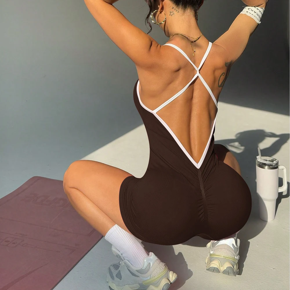 Sexy Cross Back Strappy Jumpsuits One Piece Yoga Suit Women's Tummy Control Bodysuit Padded Activewear Fitness Bodysuit - Image 6