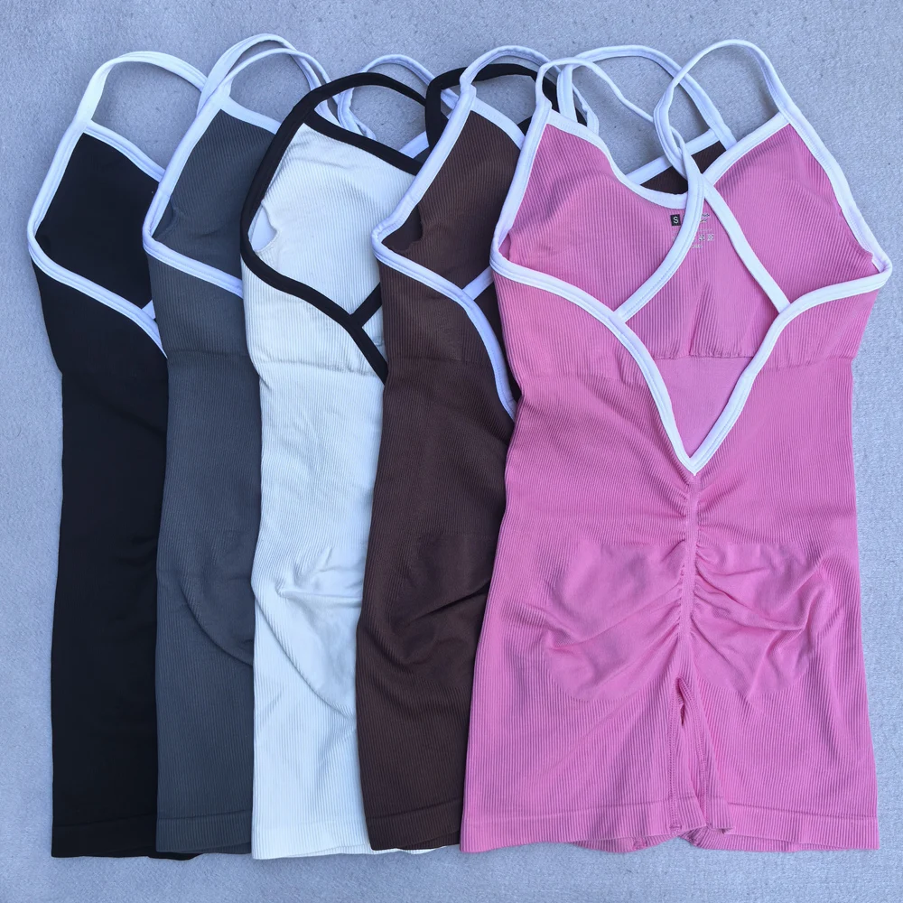 Summer Seamless Yoga Jumpsuit Women Gym Set Spaghetti Strap Leisure Workout Gym Shorts Padded Bra One-piece Fitness Bodysuits - Image 2